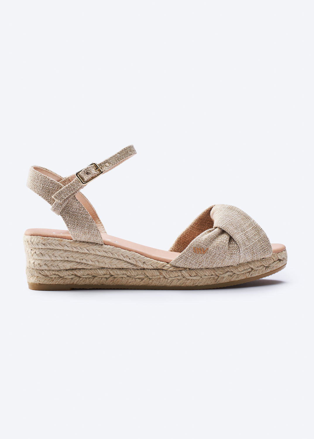 Farella Limited Edition Gold Canvas Ankle Strap Woman Knotted Open Toe Espadrille Low Wedge