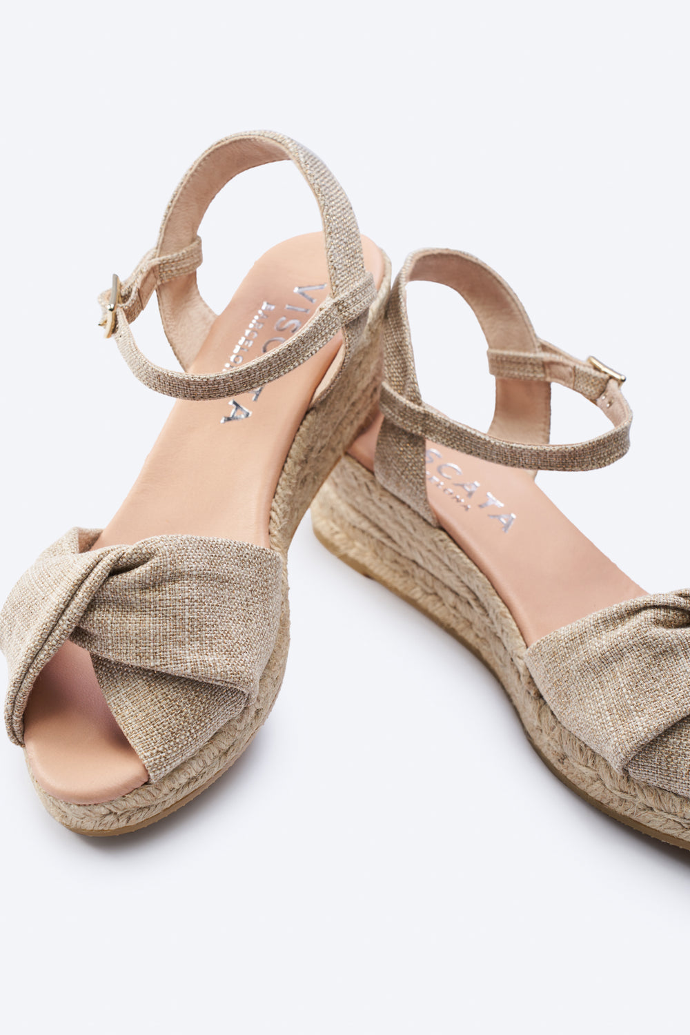 Farella Limited Edition Gold Canvas Ankle Strap Woman Knotted Open Toe Espadrille Low Heel Wedges