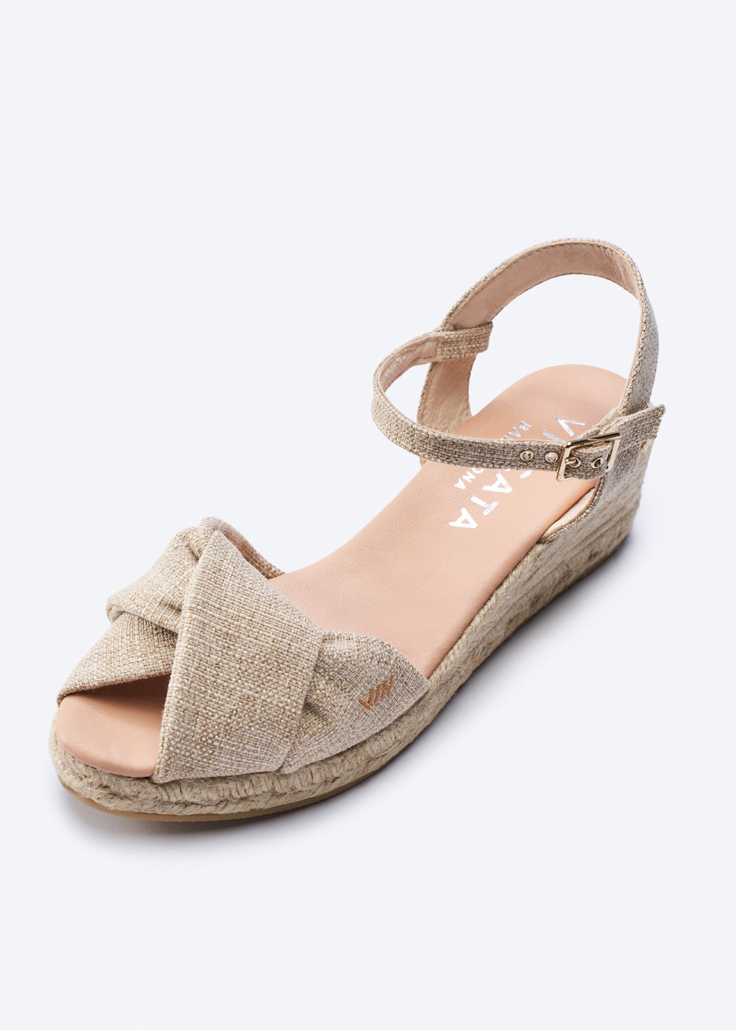 Farella Limited Edition Gold Canvas Ankle Strap Woman Knotted Open Toe Espadrille Low Heel Wedge 