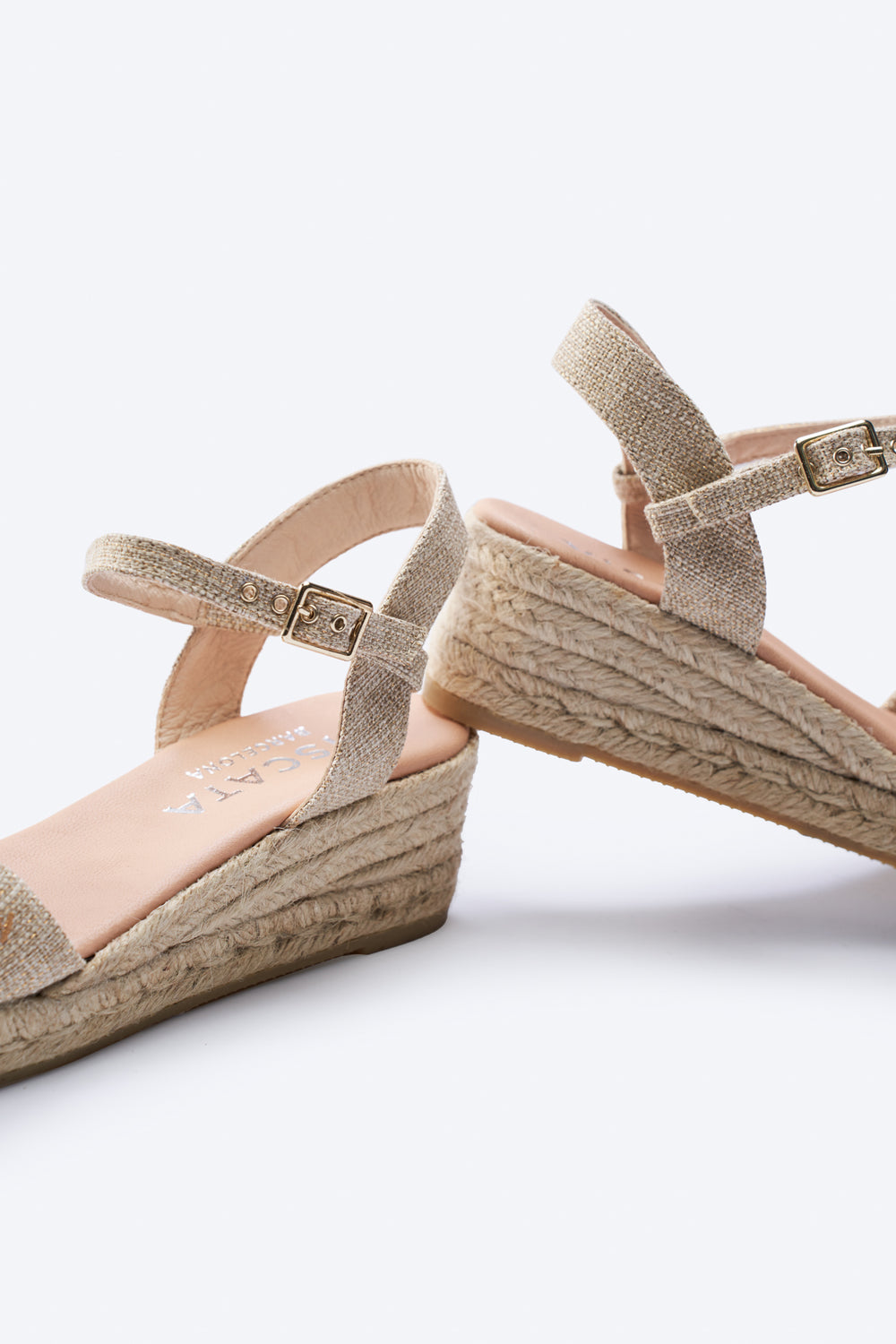 Farella Limited Edition Gold Canvas Woman Knotted Open Toe Espadrille Low Heel Wedges Ankle Strap Details