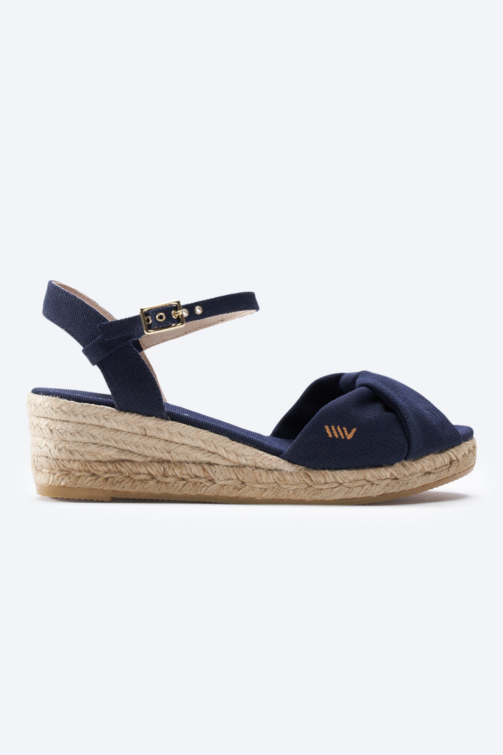 Farella Navy Blue Canvas Ankle Strap Women Knotted Open Toe Espadrille Wedge