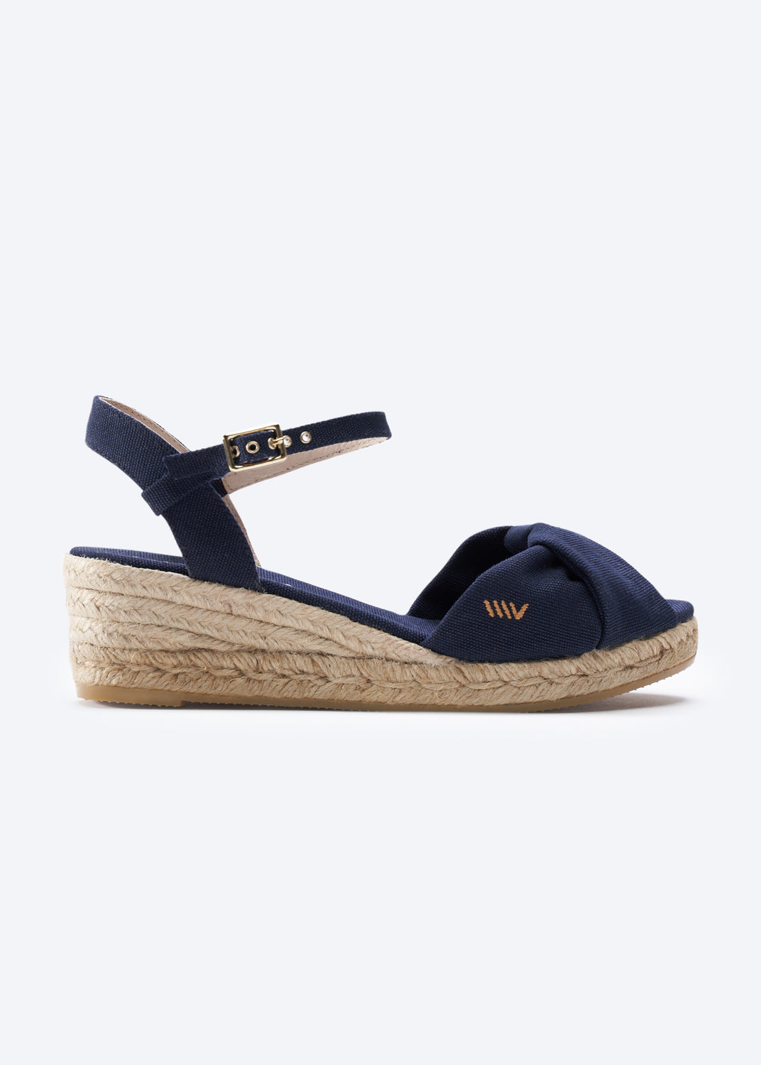 Farella Navy Blue Canvas Ankle Strap Women Knotted Open Toe Espadrille Wedge