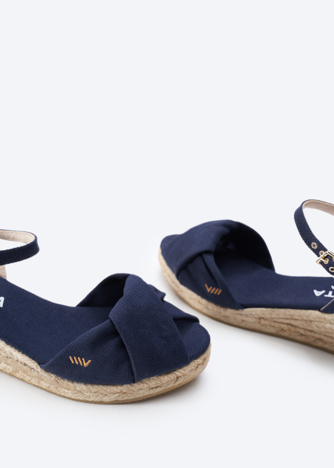 Farella Navy Blue Canvas Ankle Strap Women Knotted Open Toe Espadrille Wedges Toe Detail