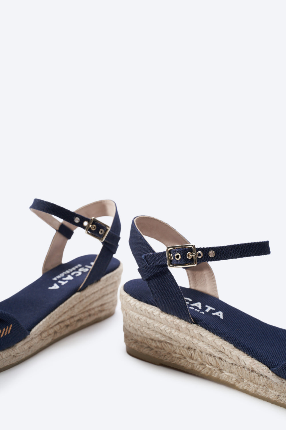 Farella Navy Blue Canvas Women Knotted Open Toe Espadrille Wedges Ankle Strap Detail