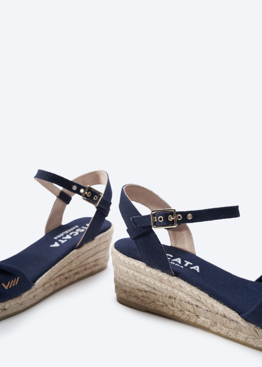 Farella Navy Blue Canvas Women Knotted Open Toe Espadrille Wedges Ankle Strap Detail