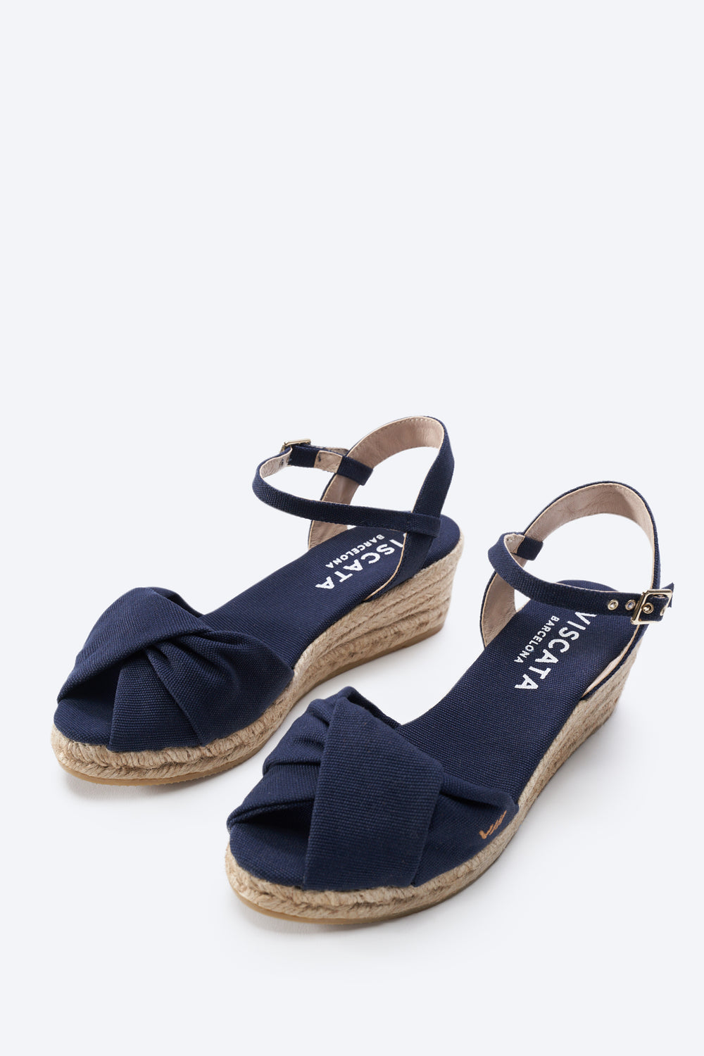 Farella Navy Blue Canvas Ankle Strap Women Open Toe Espadrille Wedges