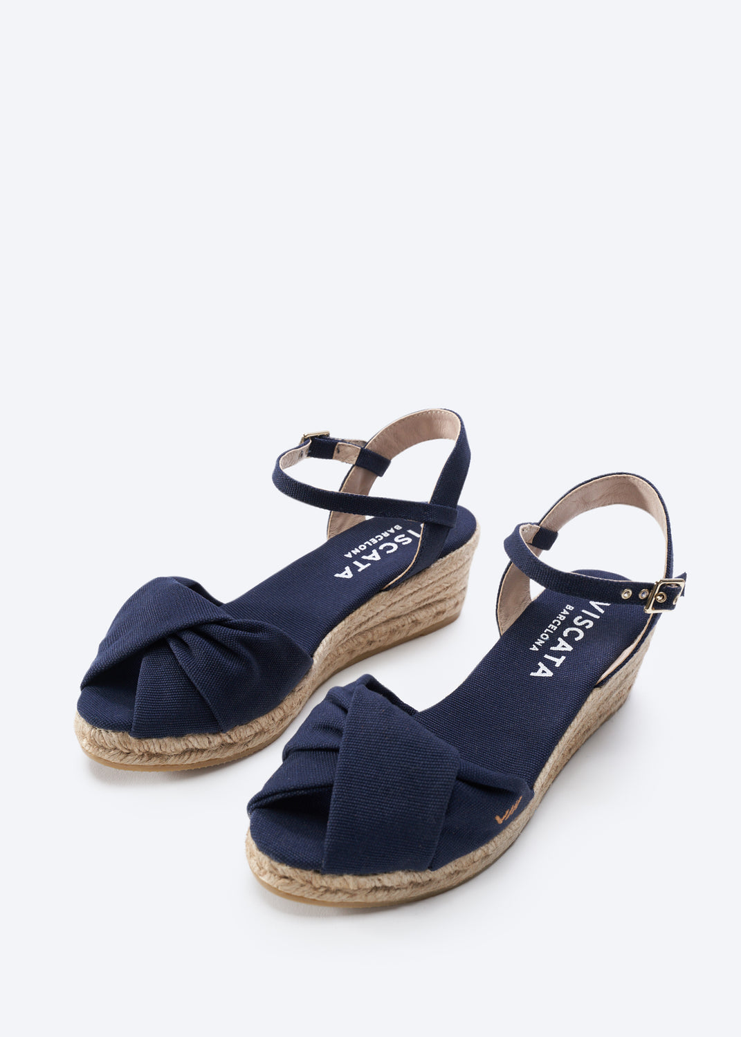 Farella Navy Blue Canvas Ankle Strap Women Open Toe Espadrille Wedges