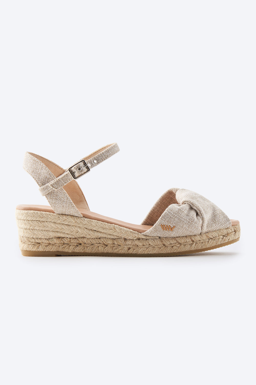 Farella Limited Edition Silver Canvas Ankle Strap Woman Knotted Open Toe Espadrille Low Wedge