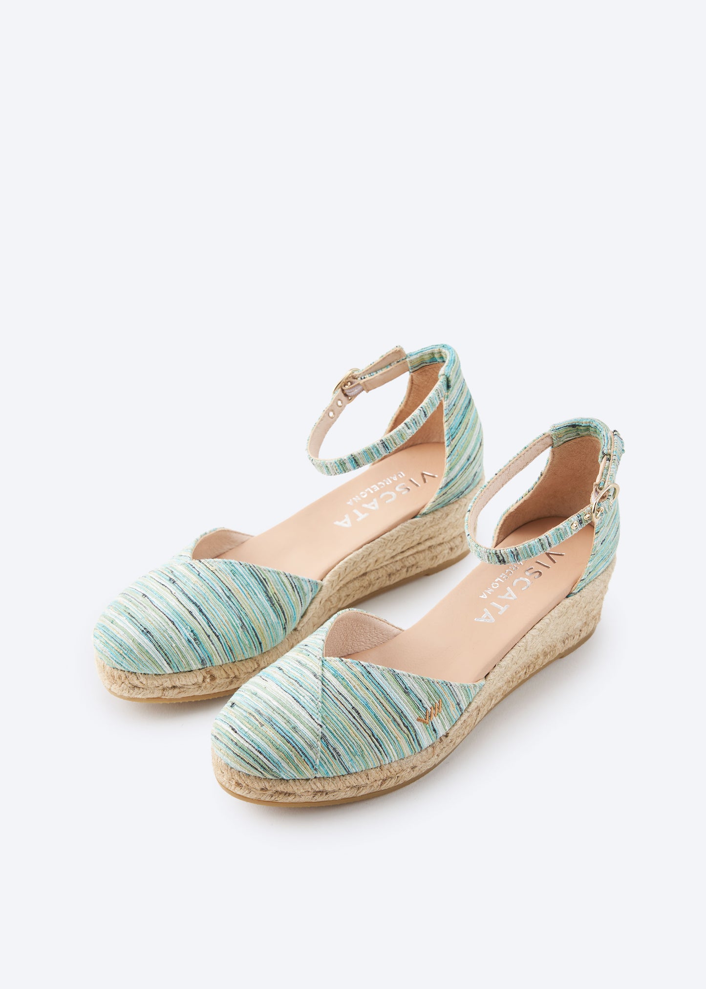 Formiga Limited Edition Multicolor Blue Canvas Ankle Strap Closed Toe Women Espadrille Low Heel Wedges