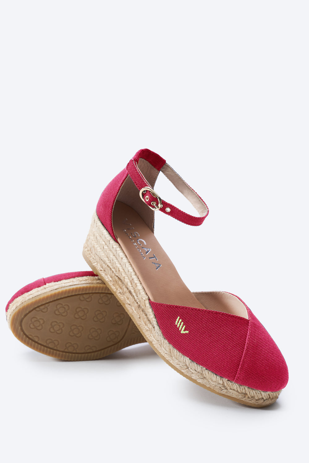 Formiga Limited Edition Cherry Canvas Ankle Strap Closed Toe Women Espadrille Low Wedges