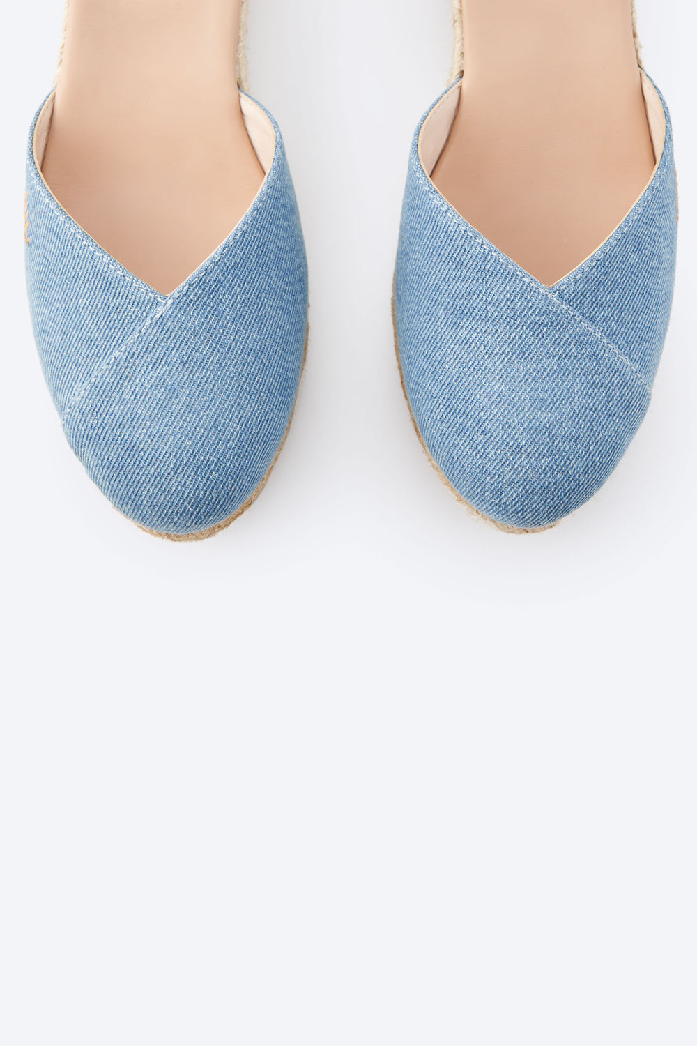 Formiga Limited Edition Light Denim Canvas Ankle Strap Women Espadrille Low Wedges Closed Toe Detail