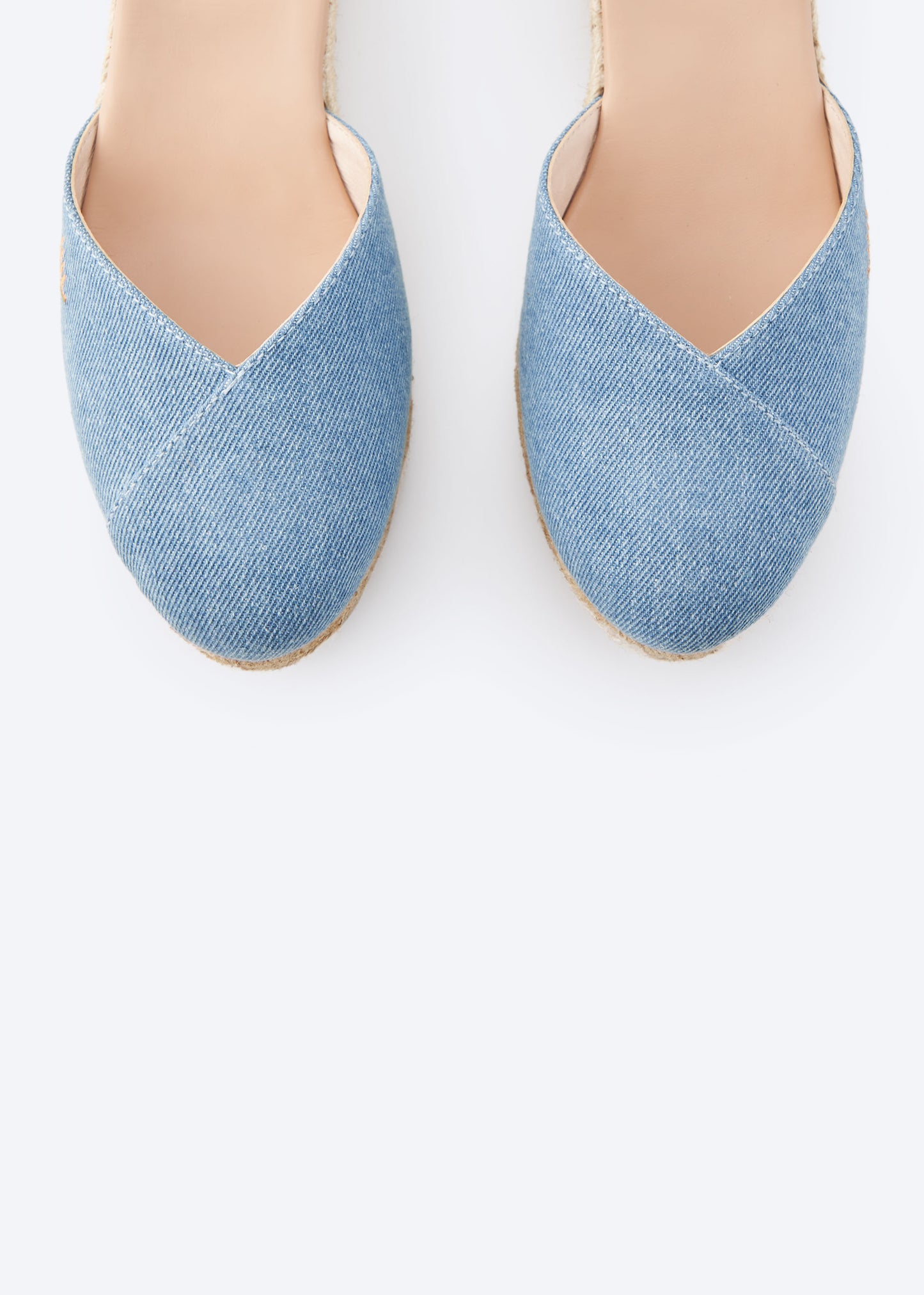 Formiga Limited Edition Light Denim Canvas Ankle Strap Women Espadrille Low Wedges Closed Toe Detail