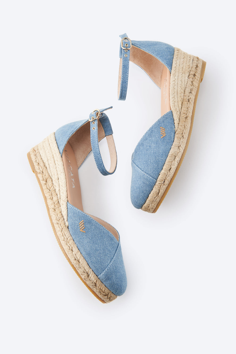Formiga Limited Edition Light Denim Canvas Ankle Strap Closed Toe Women Espadrille Low Heel Wedges