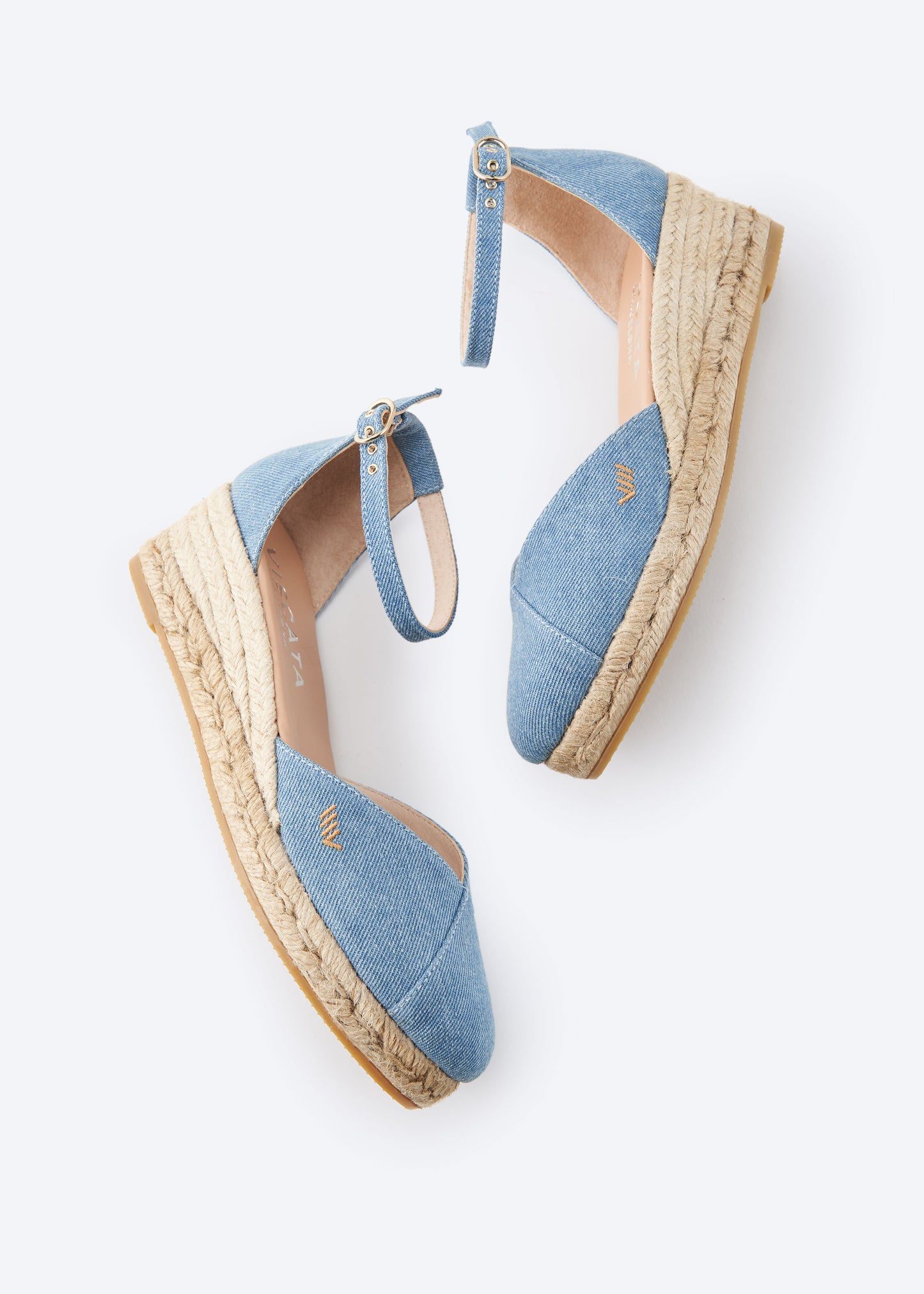 Formiga Limited Edition Light Denim Canvas Ankle Strap Closed Toe Women Espadrille Low Heel Wedges