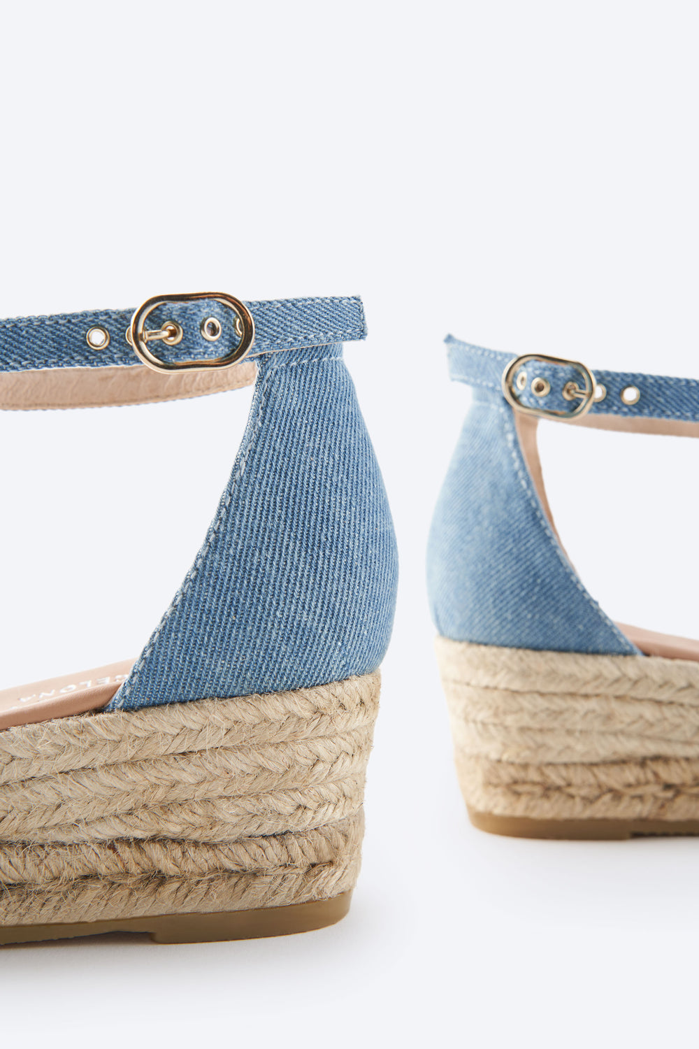 Formiga Limited Edition Light Denim Canvas Ankle Strap Closed Toe Women Espadrille Low Wedges Back Detail