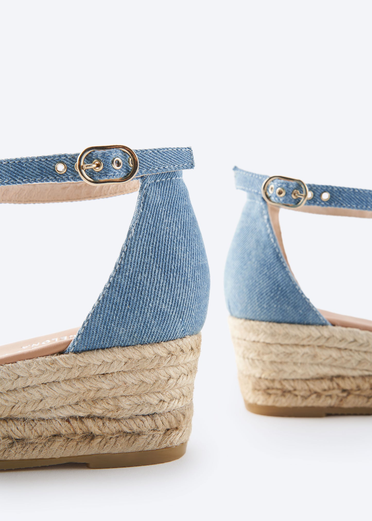 Formiga Limited Edition Light Denim Canvas Ankle Strap Closed Toe Women Espadrille Low Wedges Back Detail