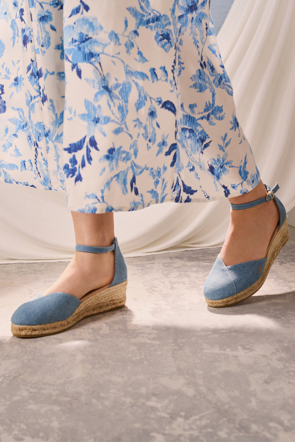 Formiga Limited Edition Light Denim Canvas Ankle Strap Closed Toe Women Espadrille Low Wedges Legs