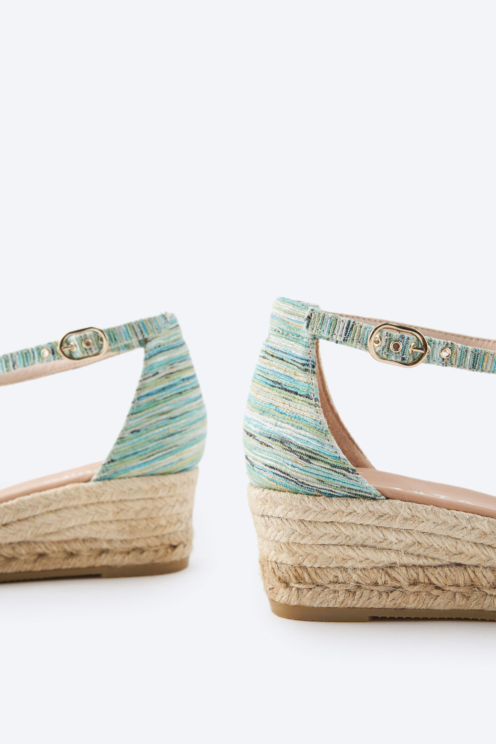 Formiga Limited Edition Multicolor Blue Canvas Ankle Strap Closed Toe Women Espadrille Low Wedges Back Detail