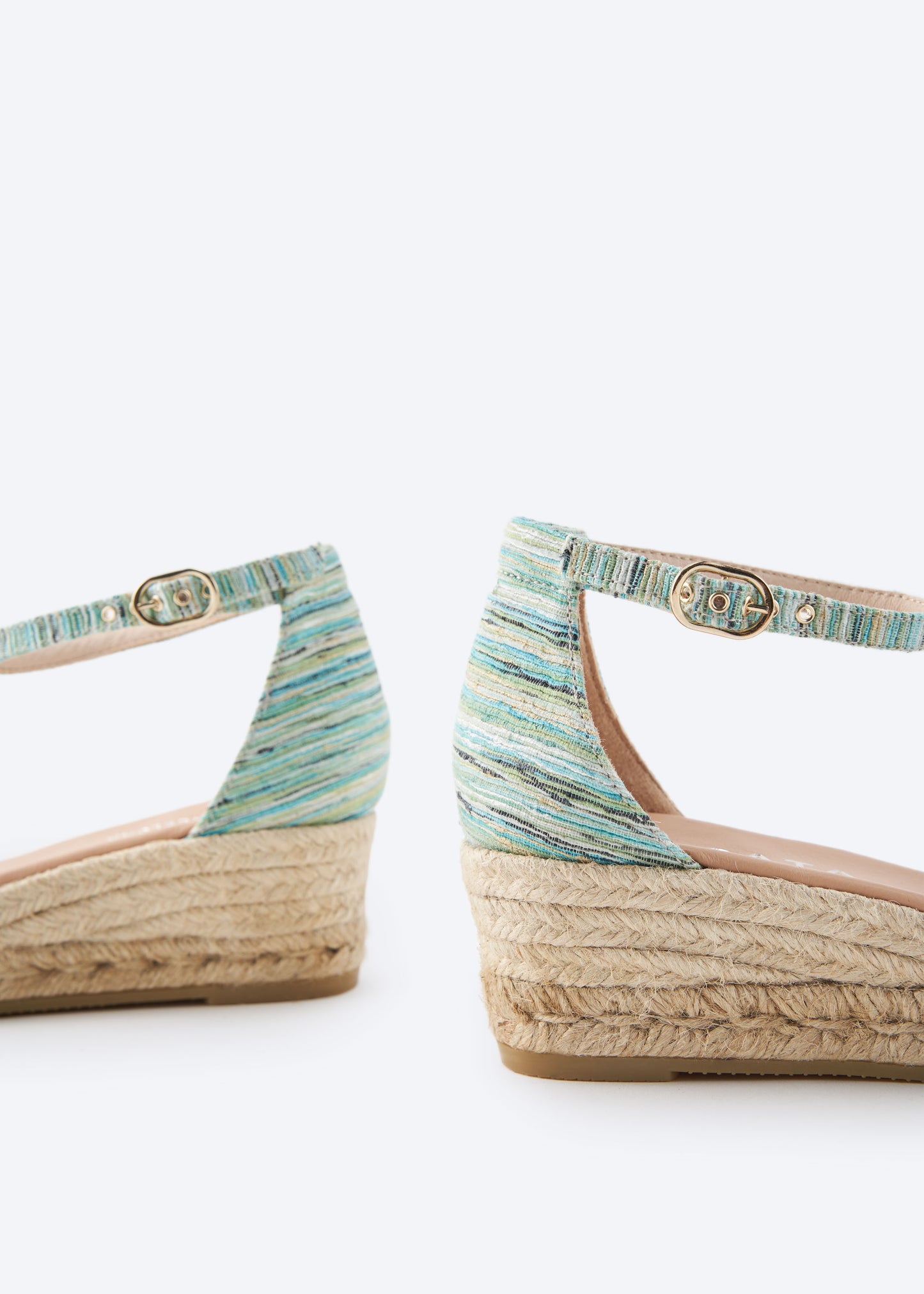 Formiga Limited Edition Multicolor Blue Canvas Ankle Strap Closed Toe Women Espadrille Low Wedges Back Detail