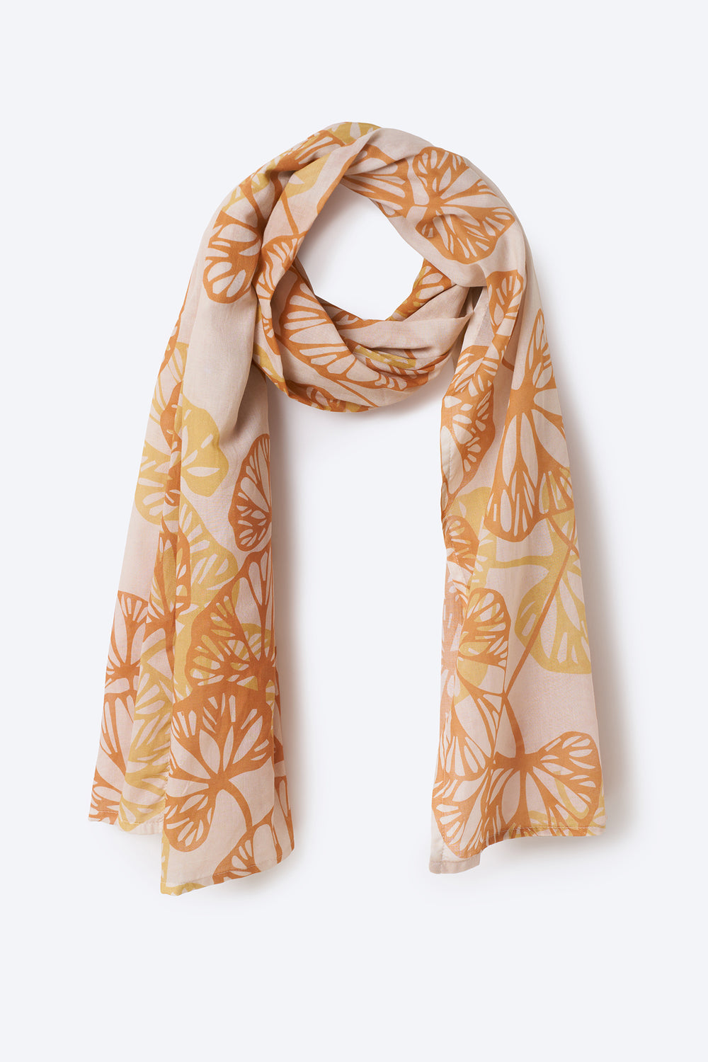 Soft beige scarf with warm orange and yellow botanical print – lightweight, breathable women's accessory ideal for summer styling, casual layering, and boho-inspired outfits