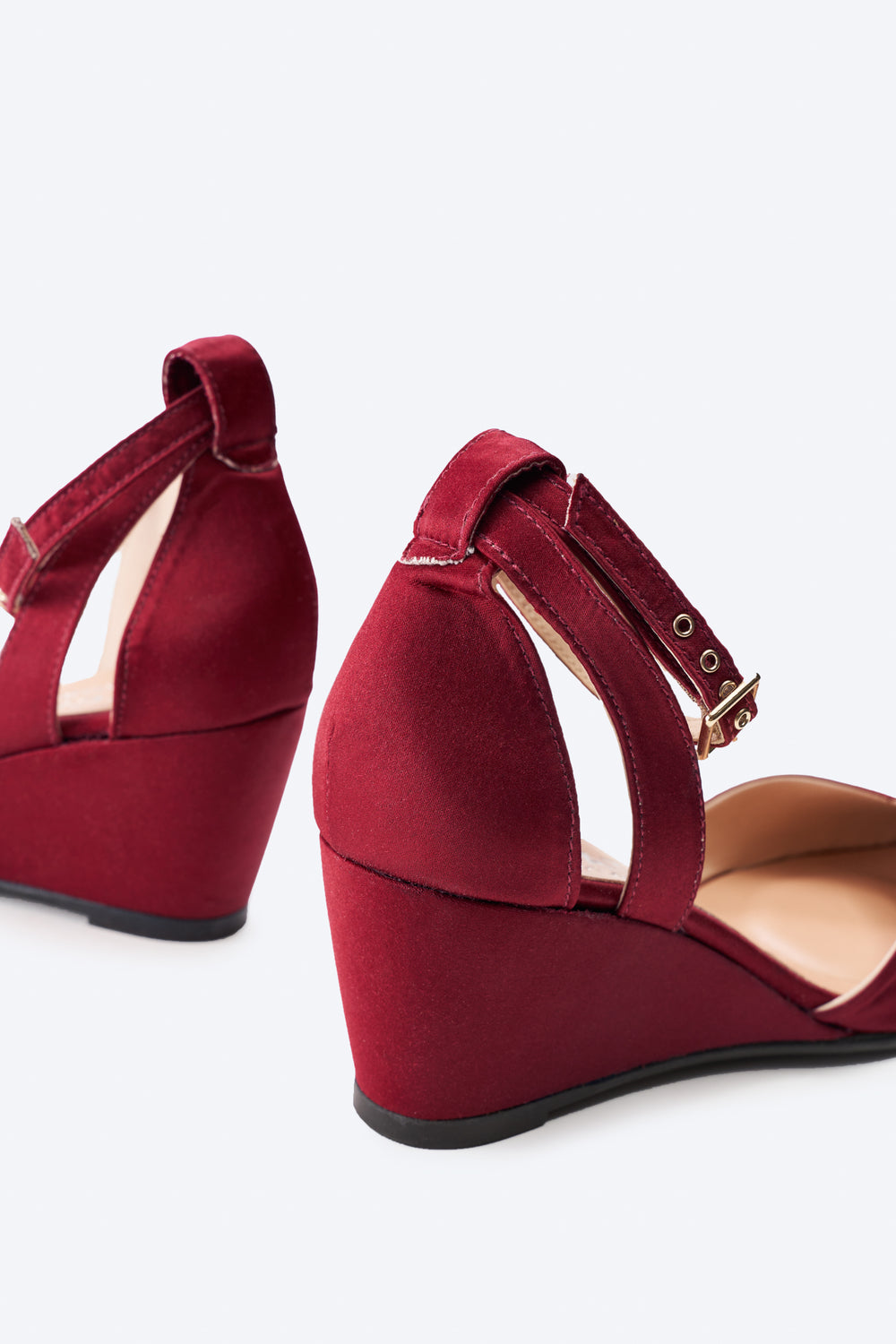 Garda Burgundy Silk Ankle Strap Woman Wedge Shoes Back Detail