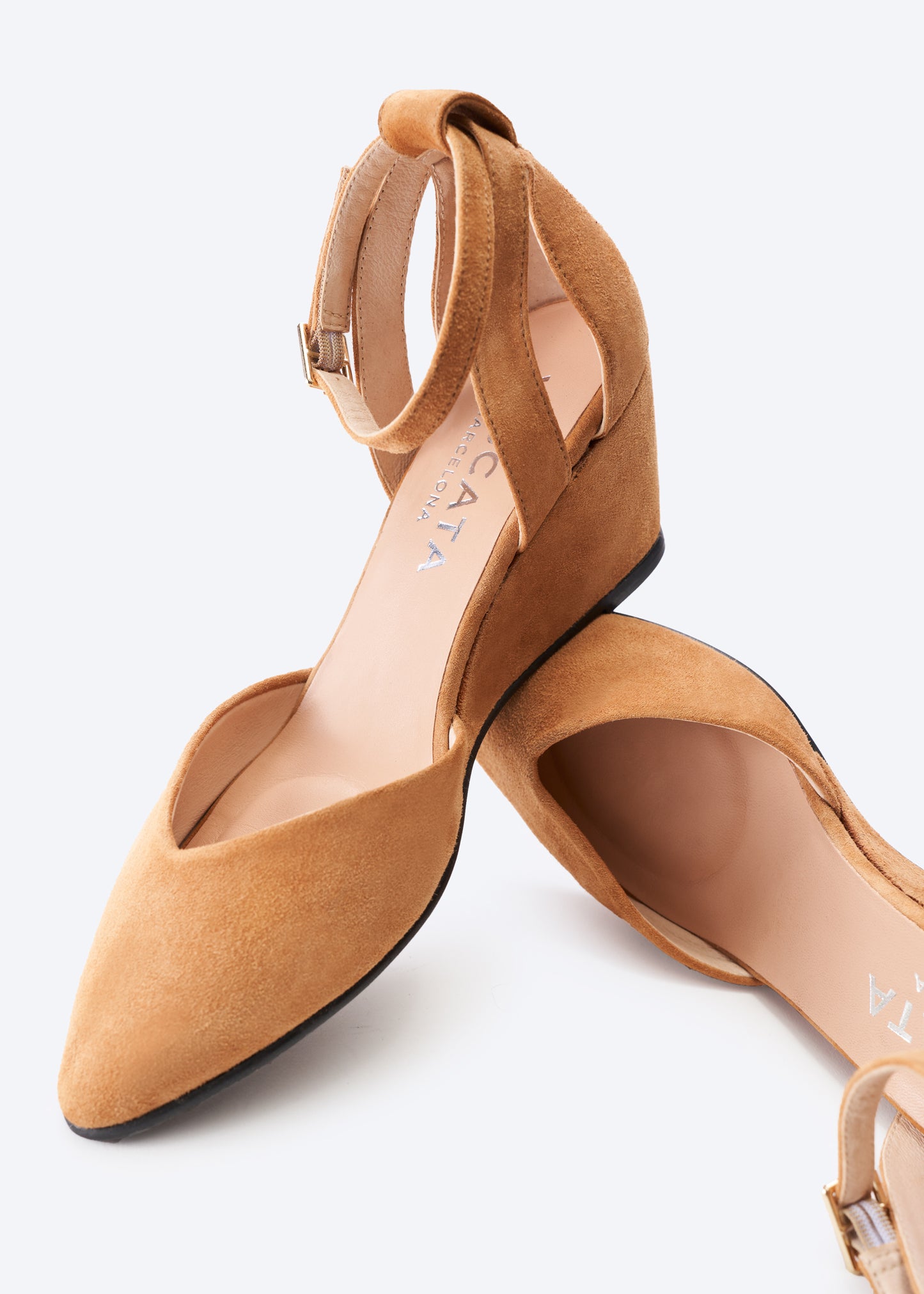 Garda Camel Suede Ankle Strap Woman Medium Heel Wedges
