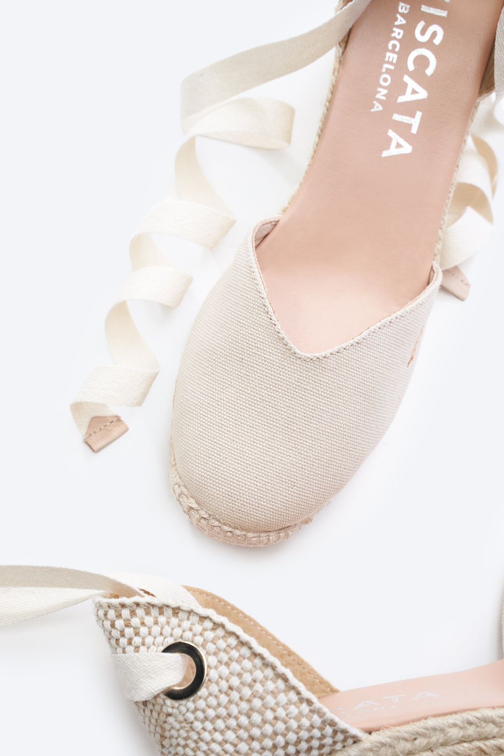 Gava Beige Canvas Lace Up Women Espadrille Wedge V Cut Closed Toe Detail