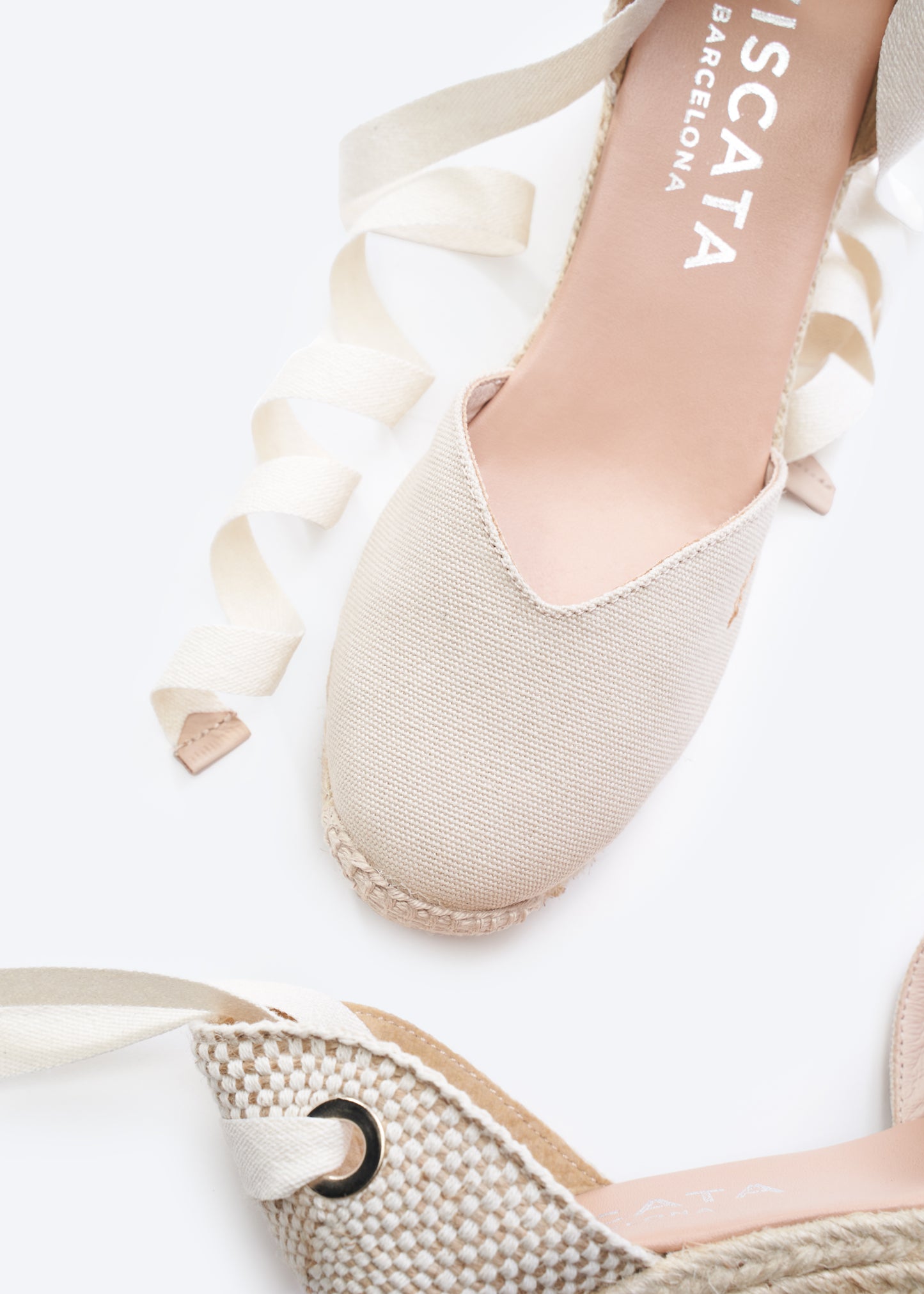 Gava Beige Canvas Lace Up Women Espadrille Wedge V Cut Closed Toe Detail