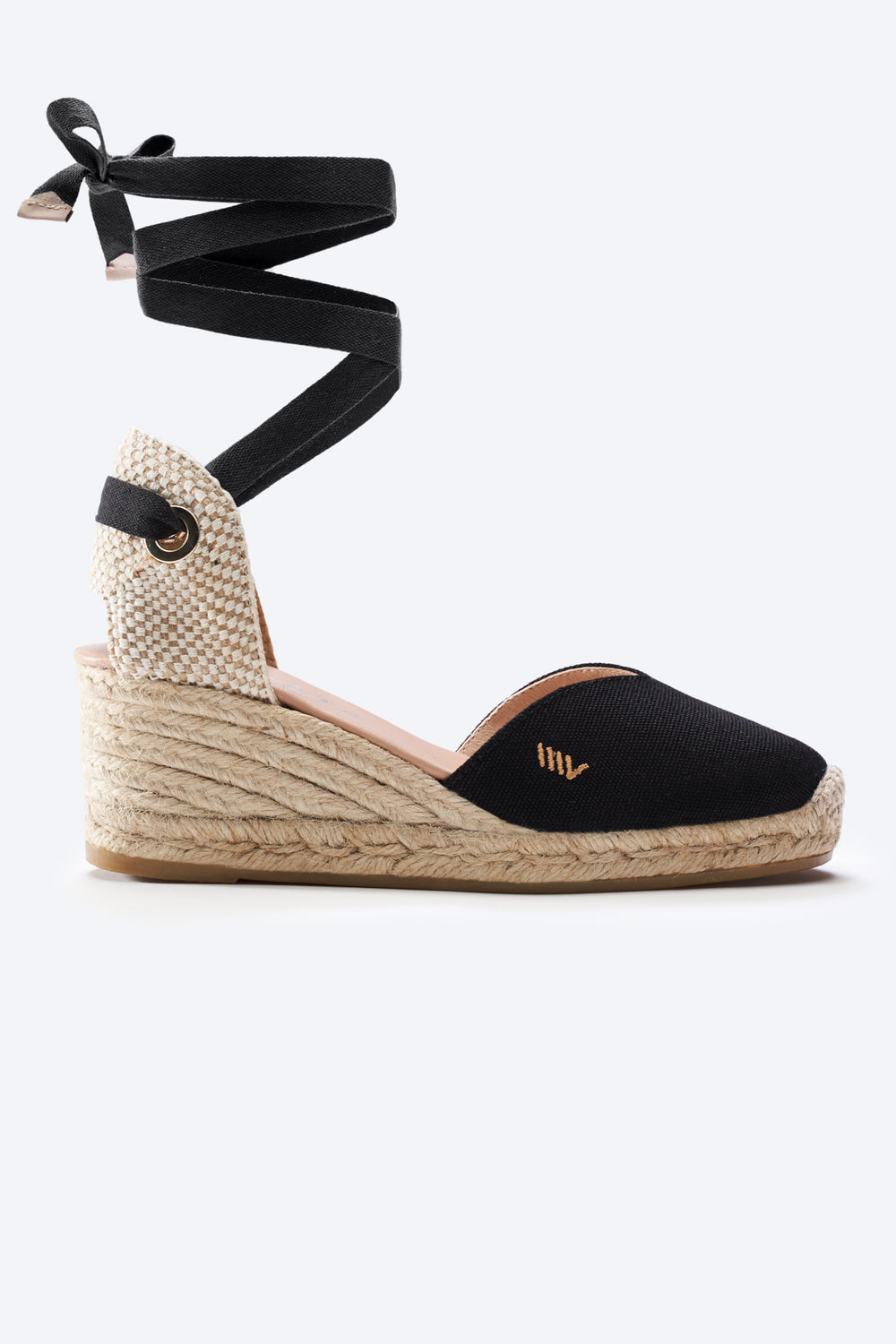 Gava Black Canvas Lace Up Women Espadrille Wedge