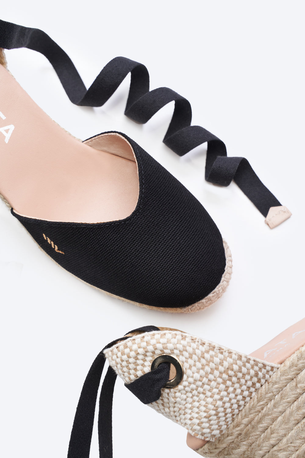 Gava Black Canvas Lace Up Women Espadrille Wedges Closed Toe Detail