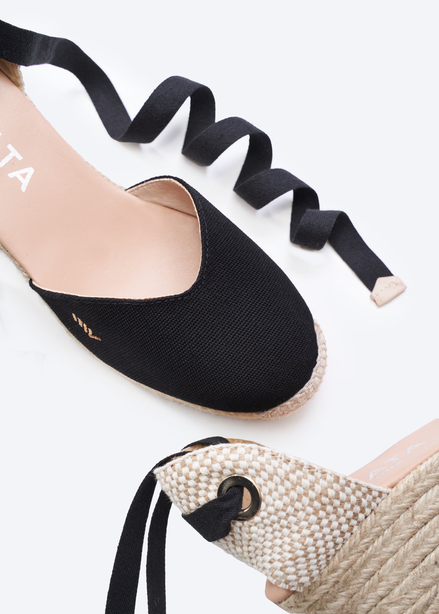 Gava Black Canvas Lace Up Women Espadrille Wedges Closed Toe Detail
