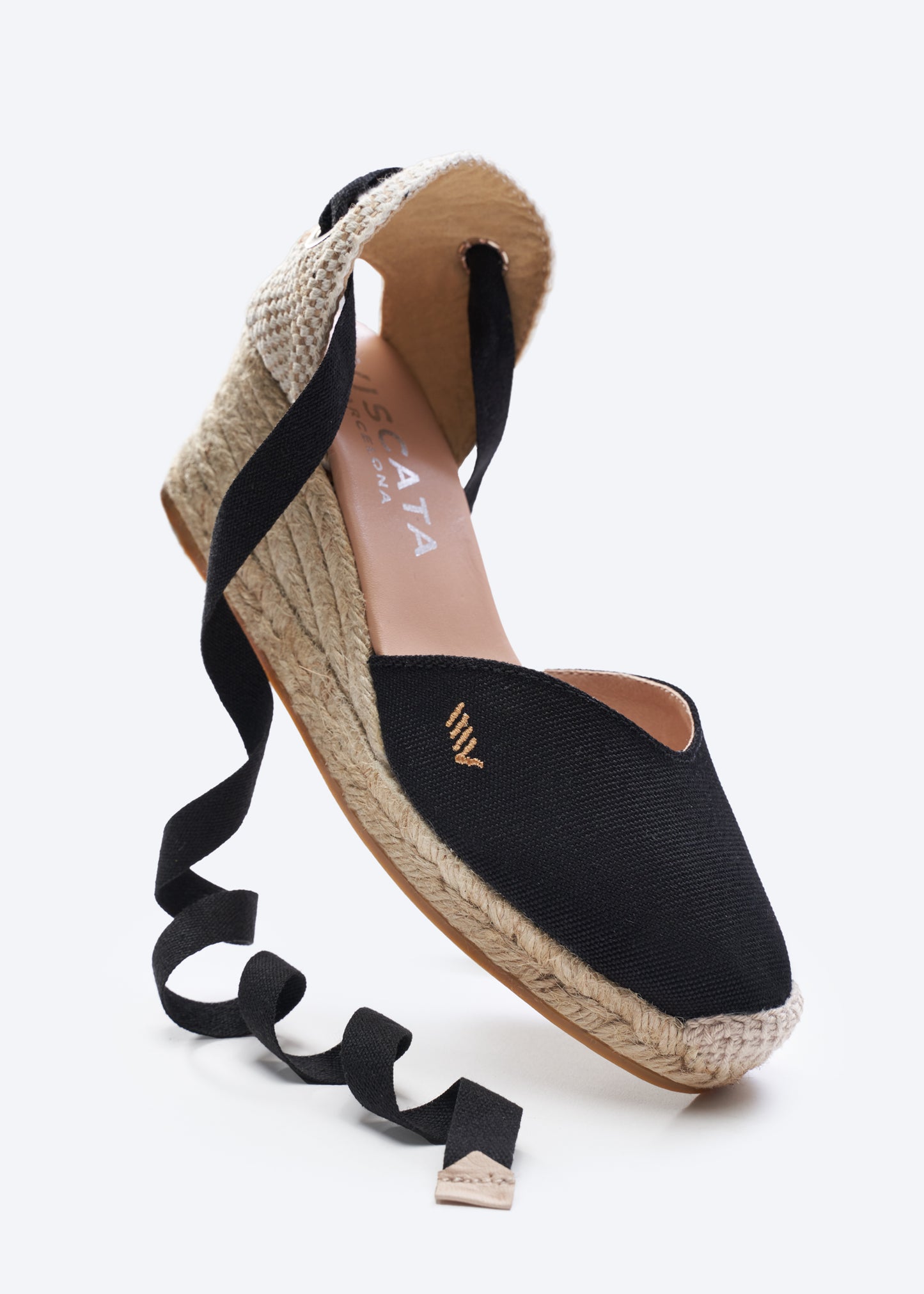 Gava Black Canvas Lace Up Women Espadrille Medium Heel Wedge