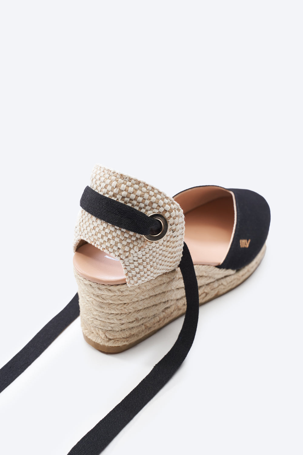 Gava Black Canvas Lace Up Women Espadrille Wedge Flexible Back Detail