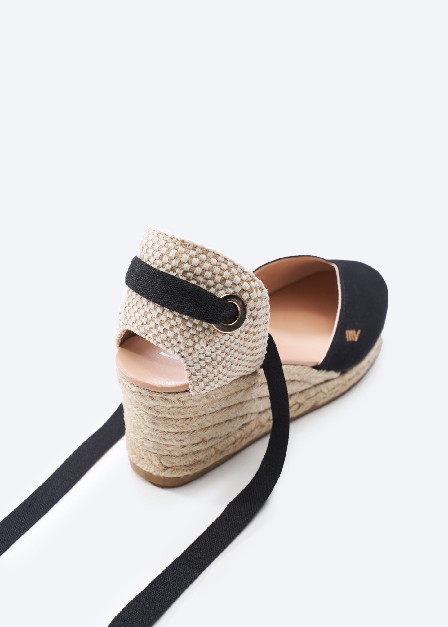 Gava Black Canvas Lace Up Women Espadrille Wedge Flexible Back Detail