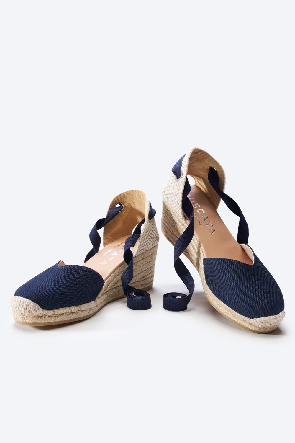 Gava Navy Blue Canvas Lace Up Women Espadrille Medium Wedges