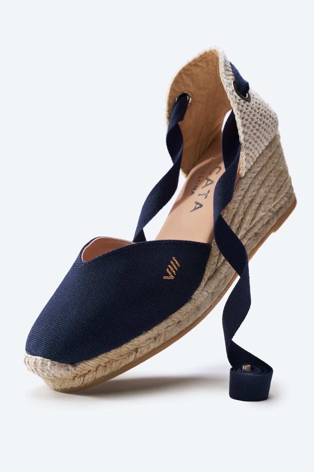Gava Navy Blue Canvas Lace Up Women Espadrille Medium Heel Wedge
