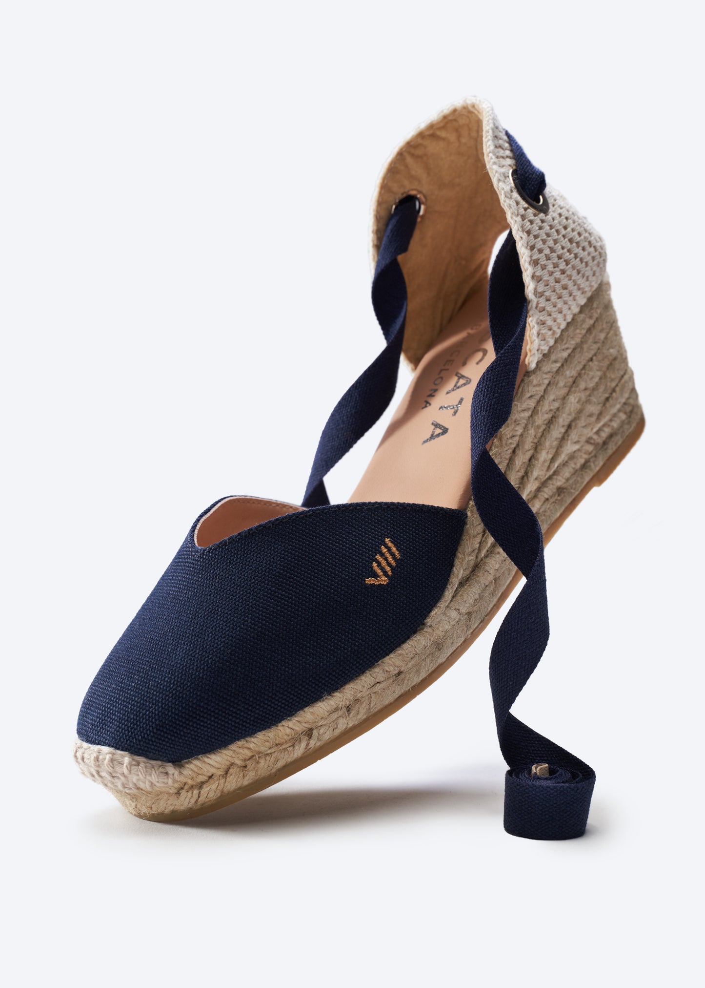 Gava Navy Blue Canvas Lace Up Women Espadrille Medium Heel Wedge