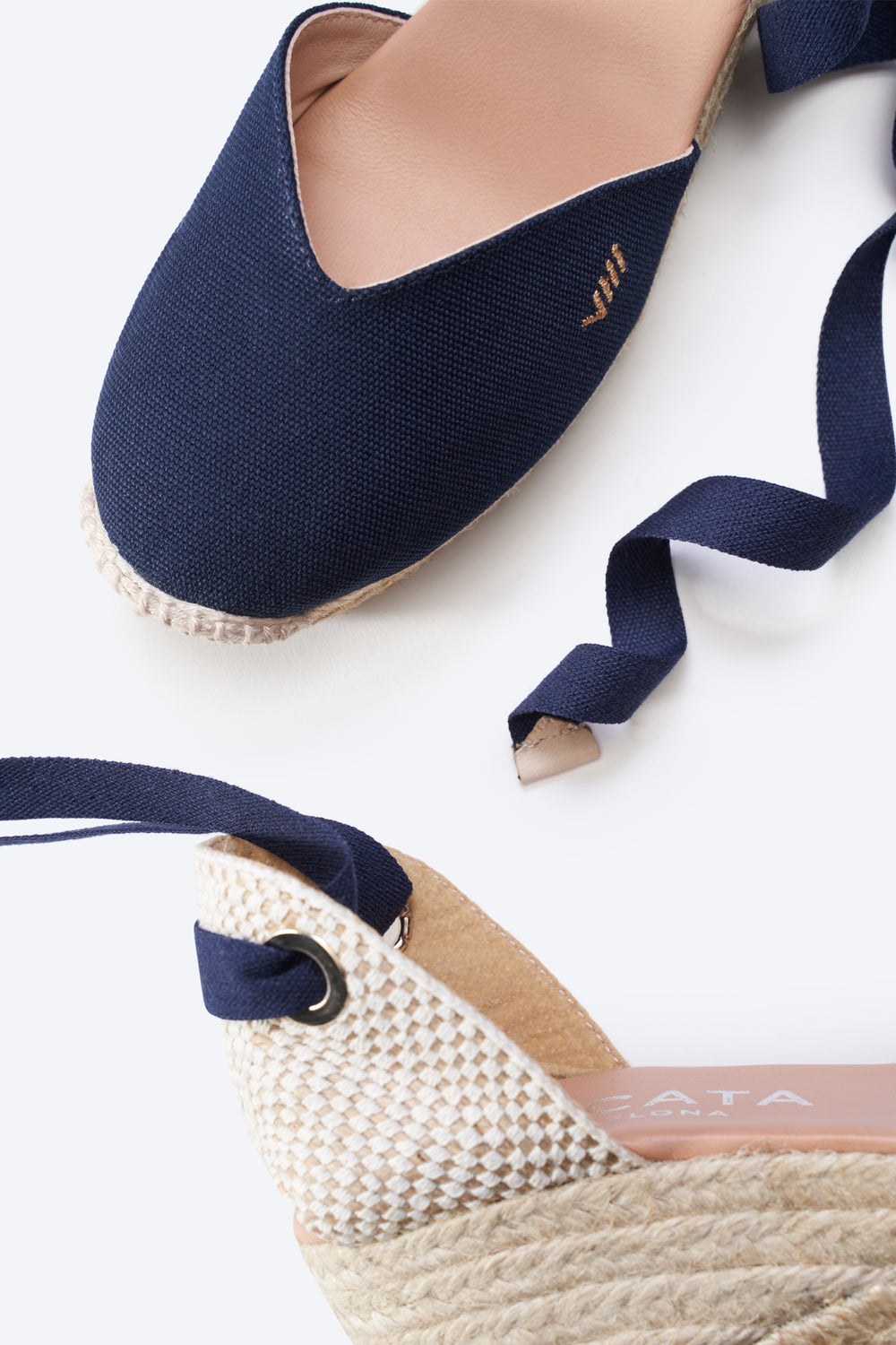 Gava Navy Blue Canvas Lace Up Women Espadrille Wedge Closed Toe Detail