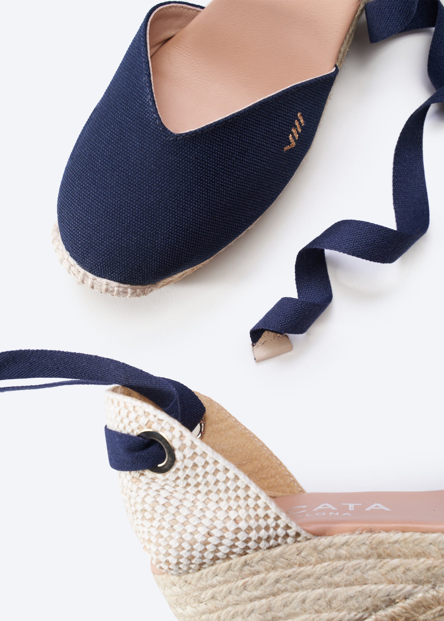 Gava Navy Blue Canvas Lace Up Women Espadrille Wedge Closed Toe Detail