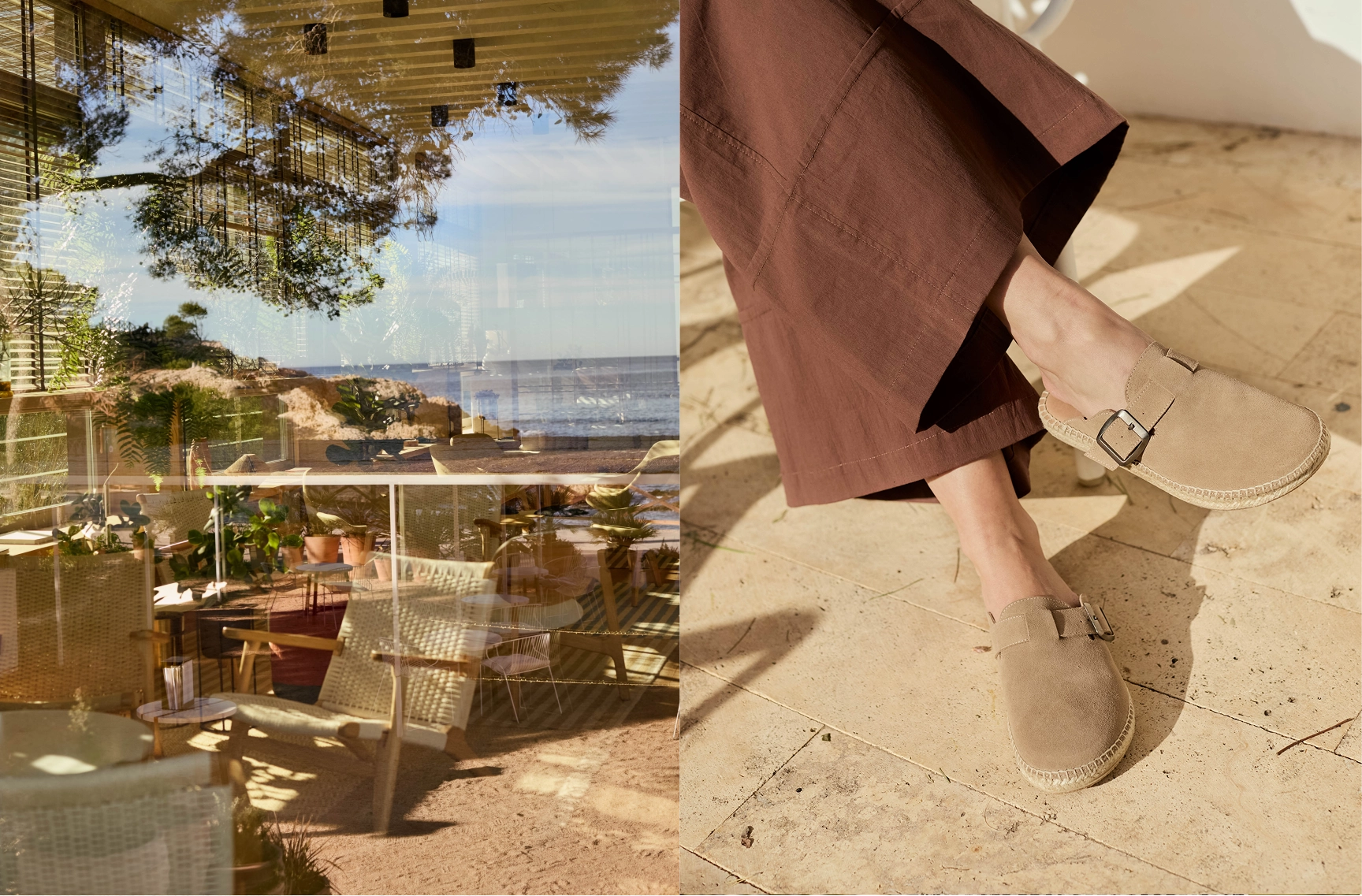 A split lifestyle image showing a person wearing taupe suede mule loafers with brown wide-leg trousers, standing on a stone patio next to a glass window reflecting an outdoor patio scene.