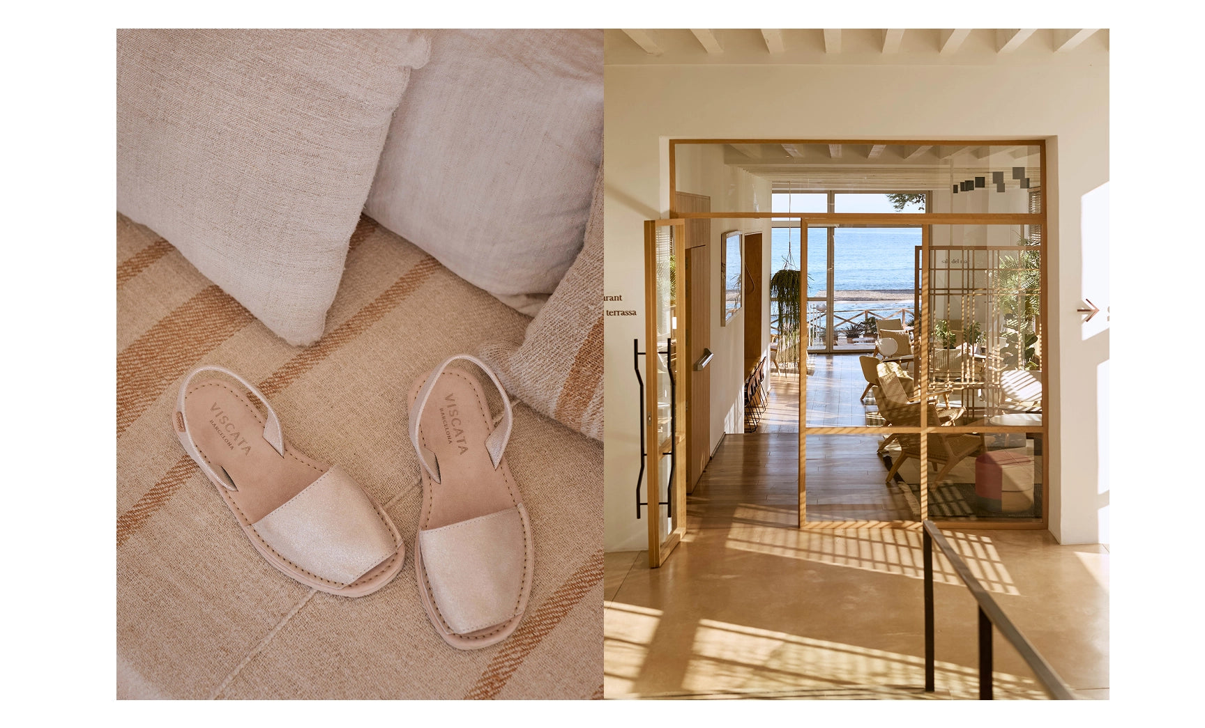 A split image showing a pair of light beige strappy sandals on a woven rug beside pillows, and a wide interior scene with a glass door opening to the ocean, suggesting a coordinated home decor or footwear lifestyle presentation.