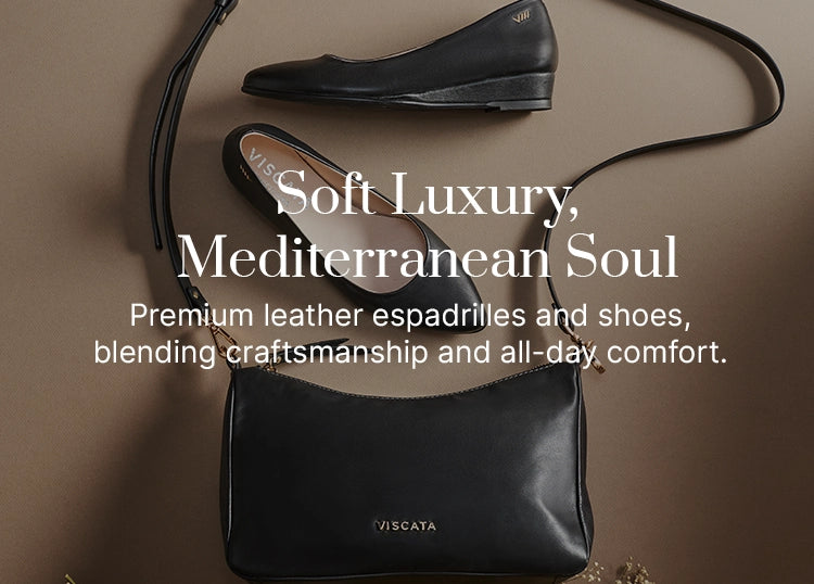 Black leather Viscata ballet flats paired with a matching black leather crossbody bag, showcasing Mediterranean-inspired craftsmanship and timeless comfort.