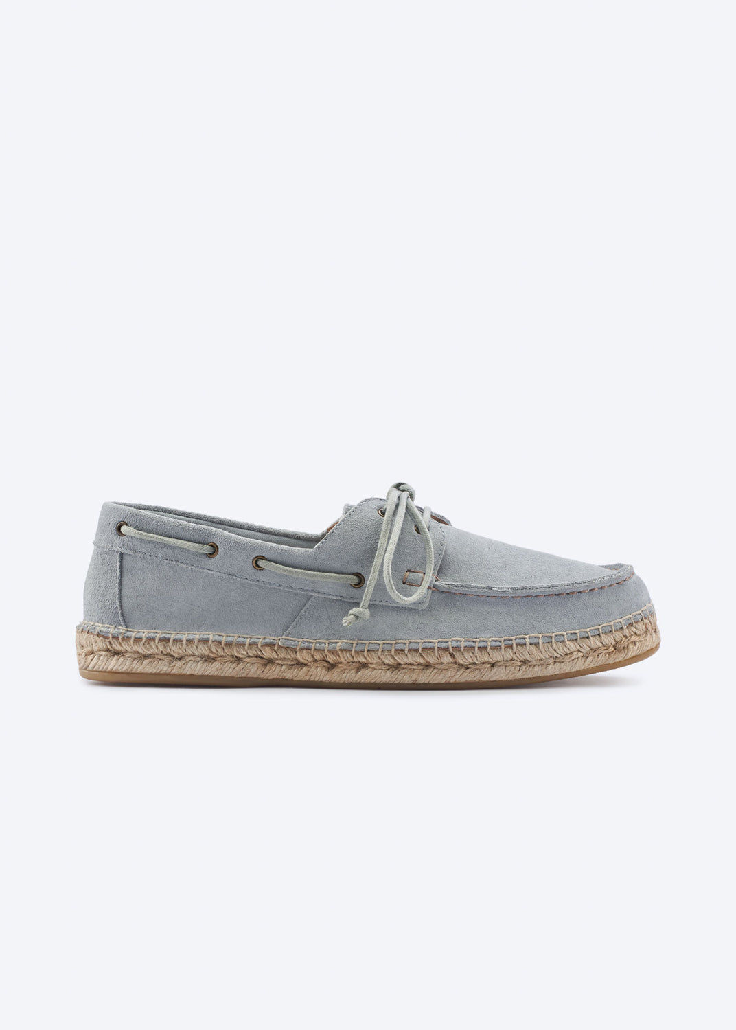 Men’s light grey suede espadrille boat shoe with lace detail, moc-toe stitching, and natural jute-wrapped sole, handcrafted in Spain.