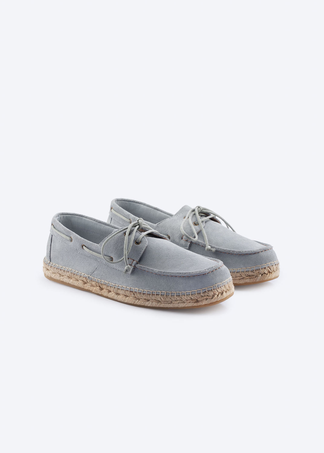 Pair of men’s light grey suede espadrille boat shoes with lace detail and natural jute-wrapped soles, shown on a clean white background.