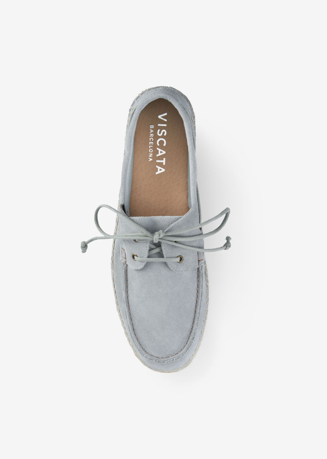 Top view of a men’s light grey suede espadrille boat shoe with lace detail and natural jute-wrapped sole.
