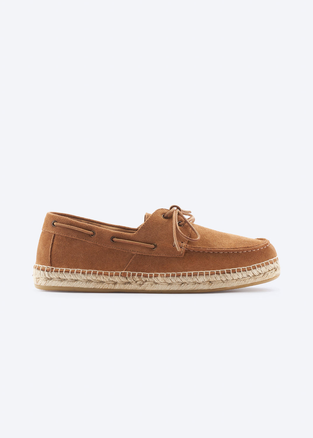 Men’s tan suede espadrille boat shoe with lace detail, moc-toe stitching, and natural jute-wrapped sole, handcrafted in Spain.