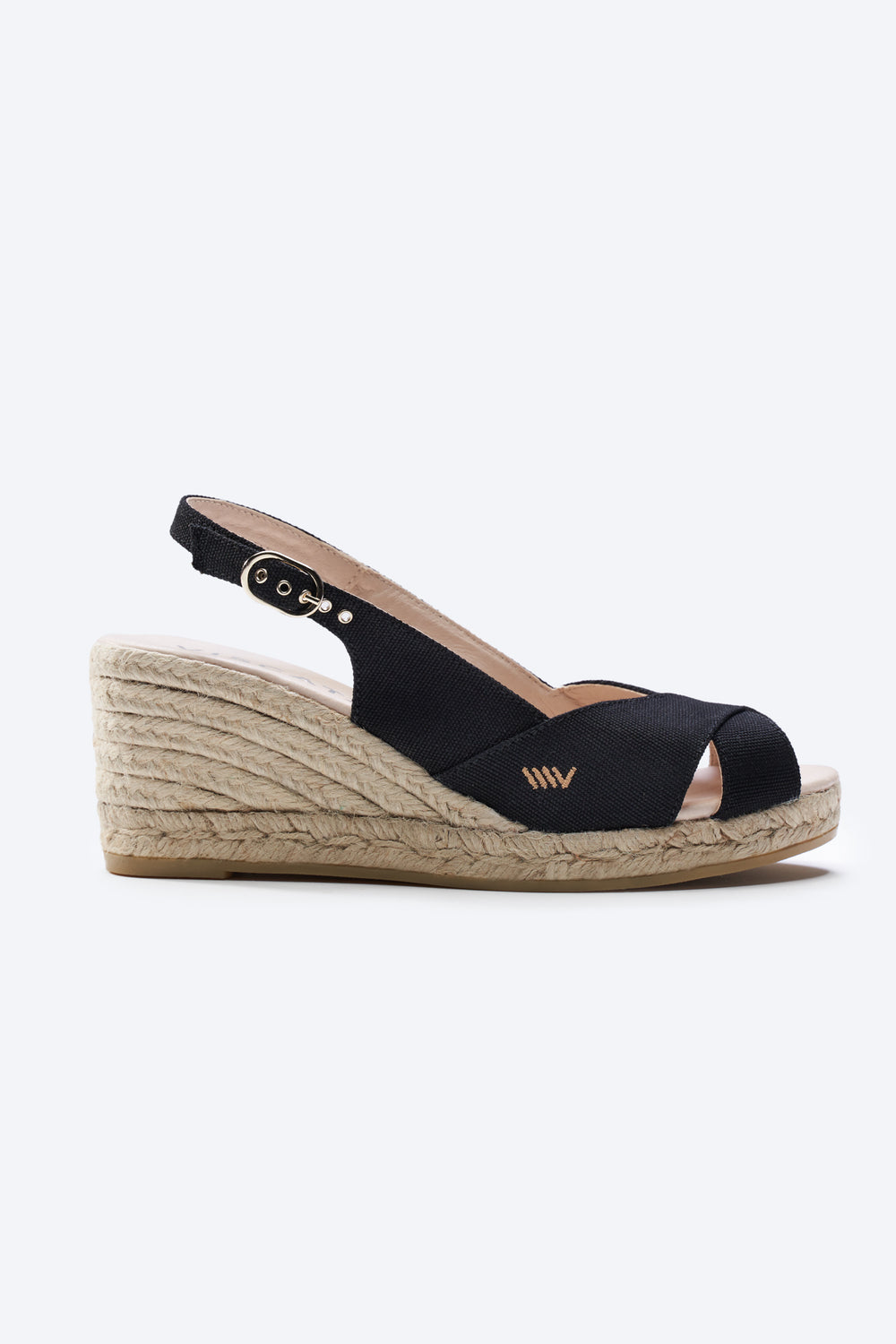 Llansa Crossed Open Toe Black Canvas Slingback Women Espadrille Wedge