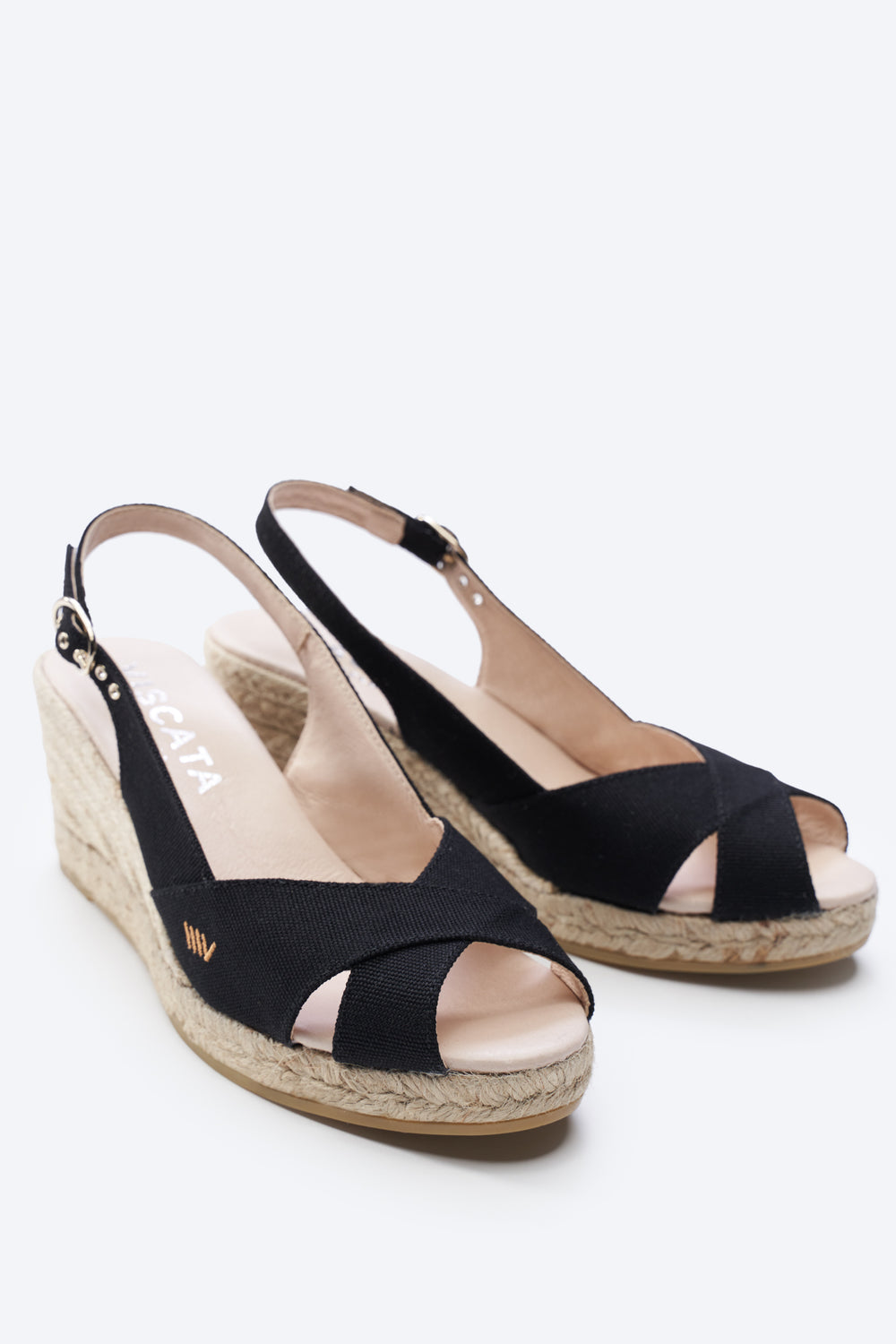 Llansa Crossed Open Toe Black Canvas Slingback Women Espadrille Sandal Wedges