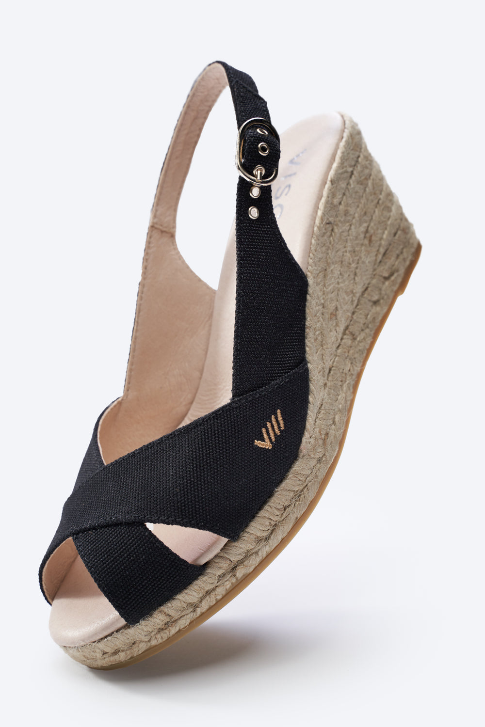 Llansa Crossed Open Toe Black Canvas Buckle Slingback Women Espadrille Wedge