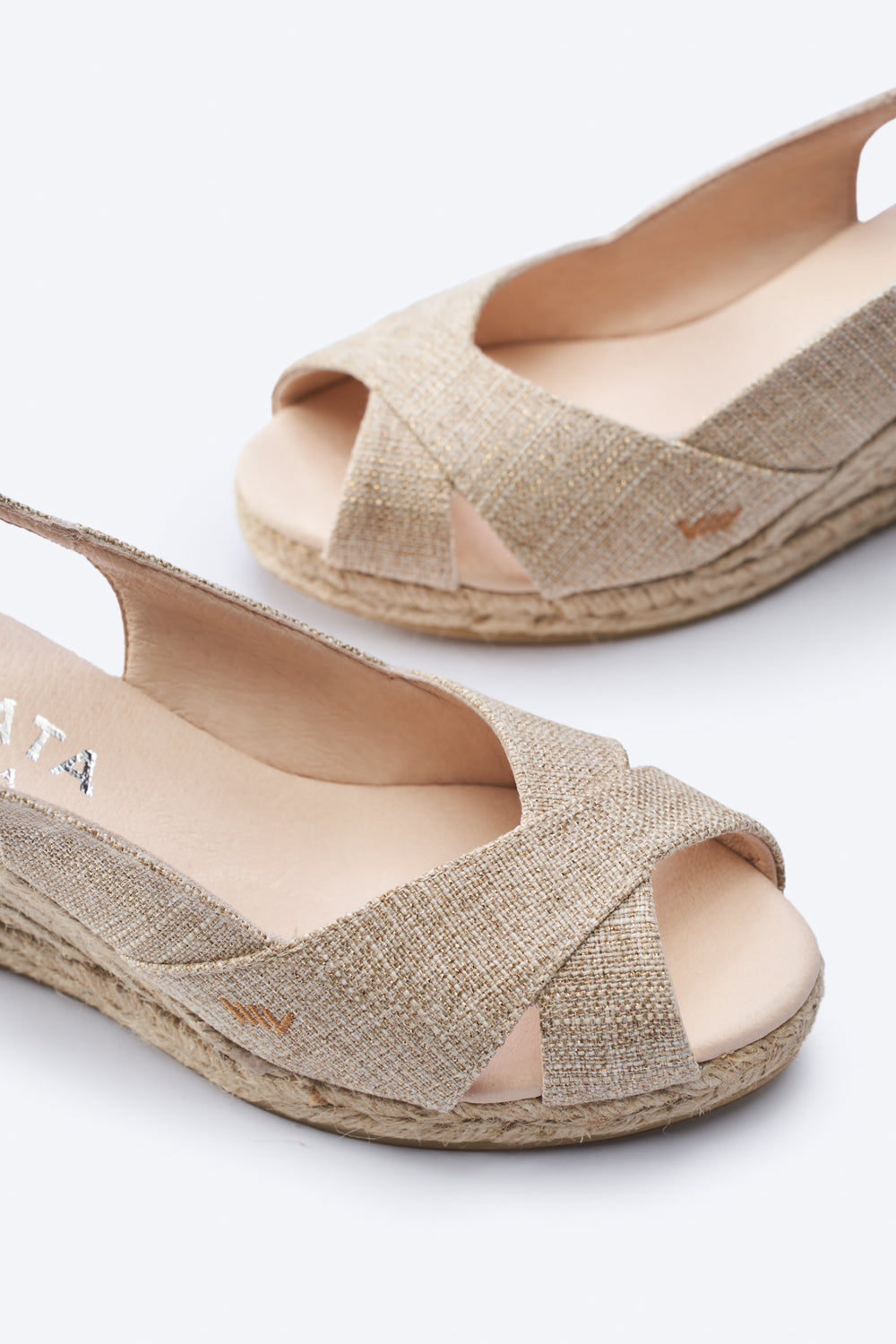 Llansa Limited Edition Gold Canvas Slingback Women Espadrille Wedges Crossed Open Toe Detail